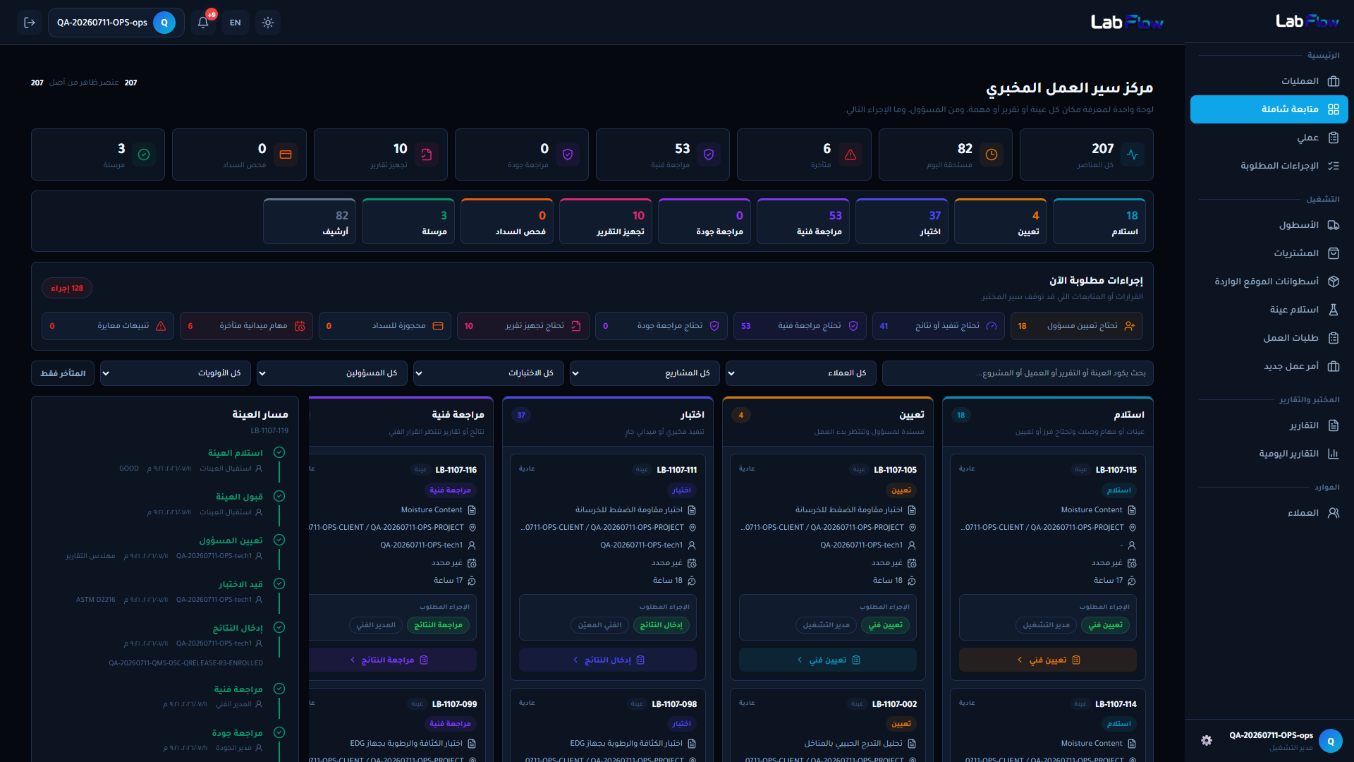 واجهة مركز سير العمل في نظام LabFlow لإدارة المختبرات